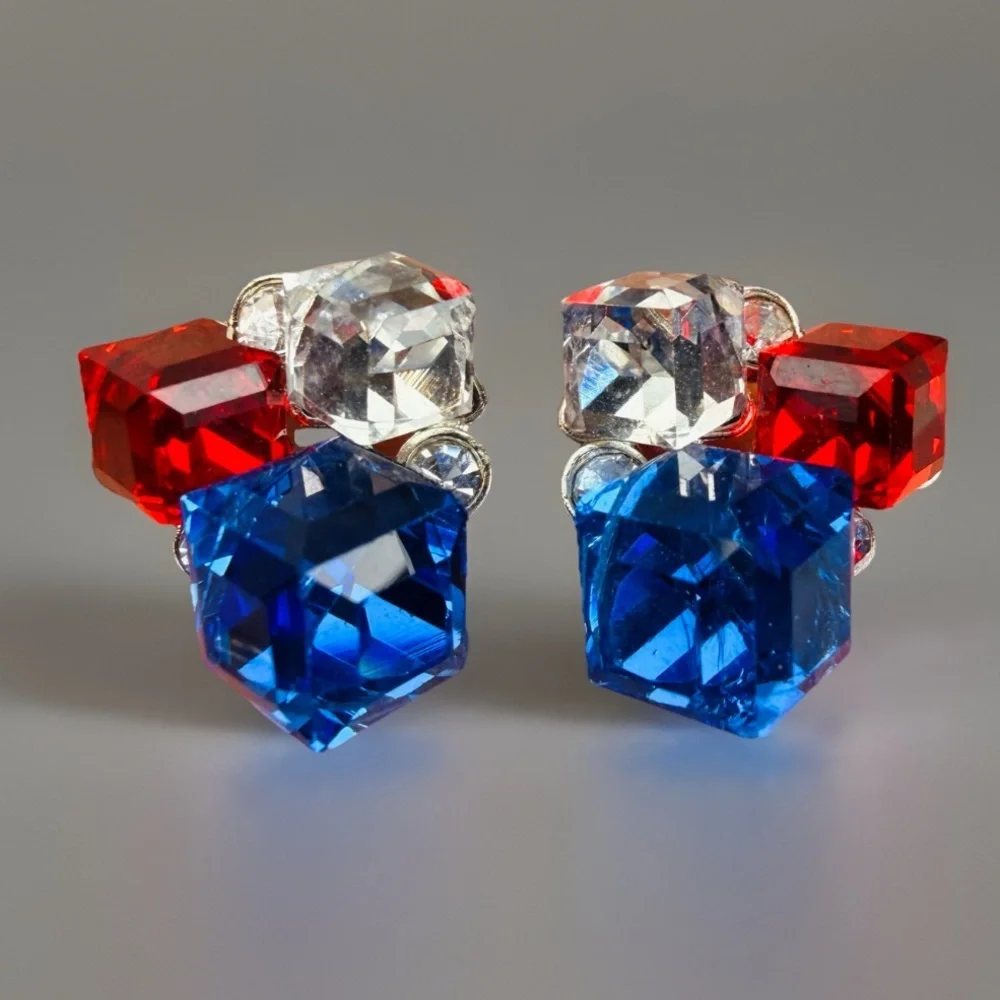 Custom, red, clear and blue pierced bling earrings